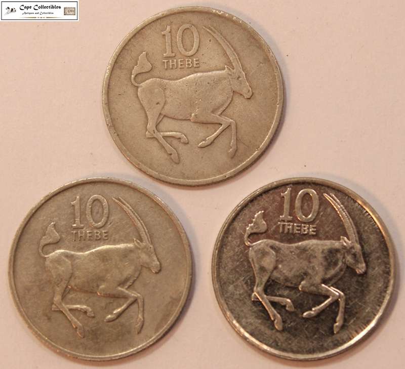 3 x  Botswana 10 Thebe 1979/1984/1991 Coins Circulated