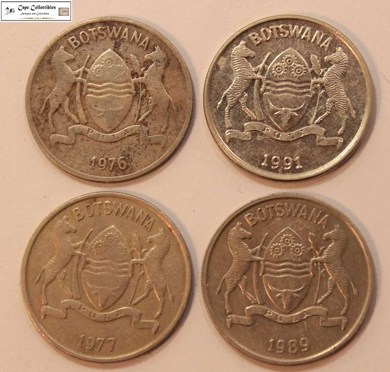 4 x Botswana 25 Thebe 1976/1977/1989/1991 Coins Circulated