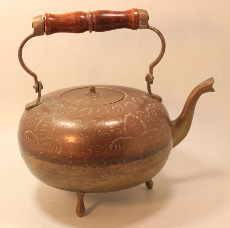 Vintage DK India Hand Engraved Brass Teapot with Handle, Decorative Display Item