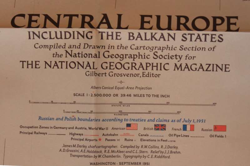 National Geographic Folded Map of Central Europe and The Balkan States September 1951.