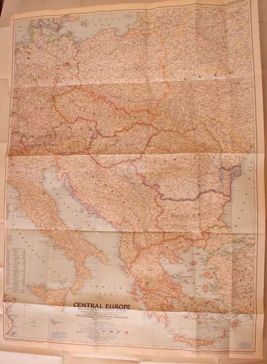 National Geographic Folded Map of Central Europe and The Balkan States September 1951.
