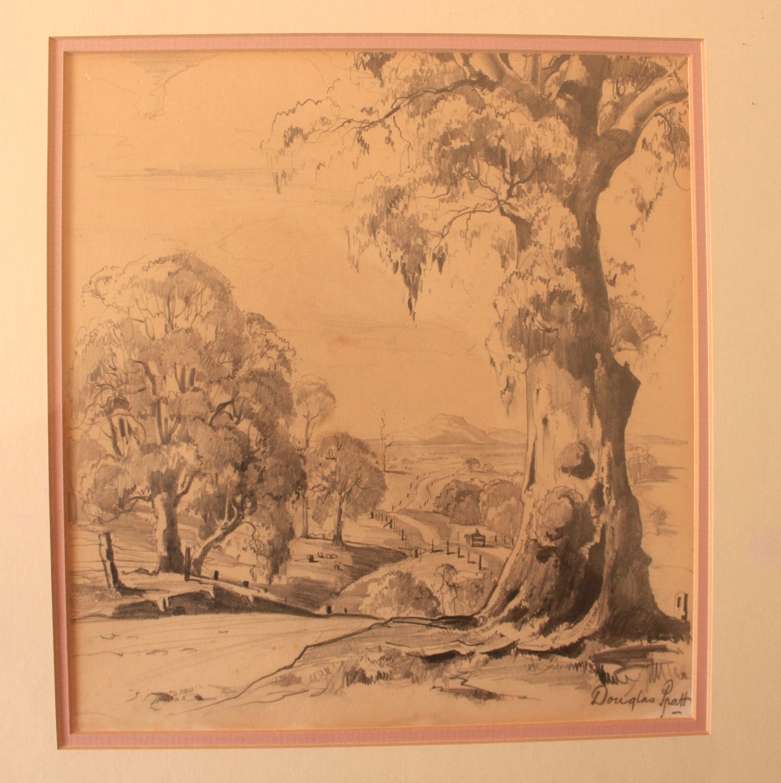 Framed Original Sketch "Country Road and Gum Tree" by Douglas Pratt.