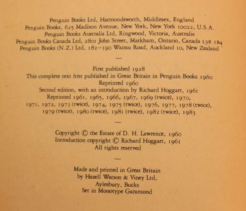 Lady Chatterley's Lover by D H Lawrence, Softcover Book Penguin 1983 Edition