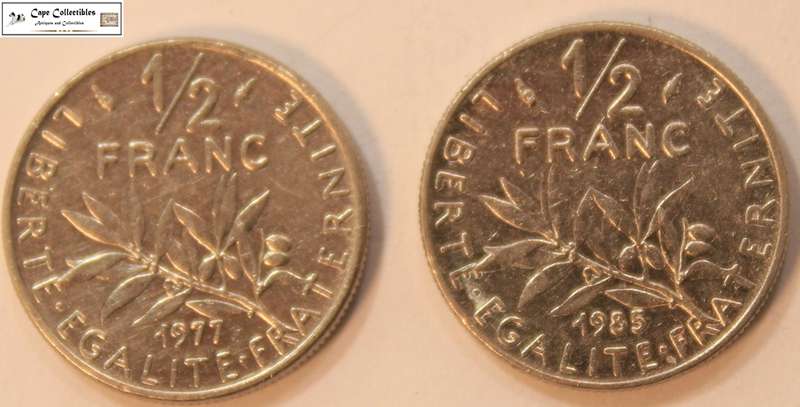 2 x France 1/2 Franc 1977 & 1985 Coins Circulated