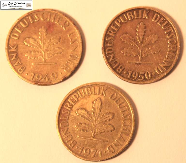 3 x Germany 10 Pfennig 1949, 1950 & 1971 Coins Circulated