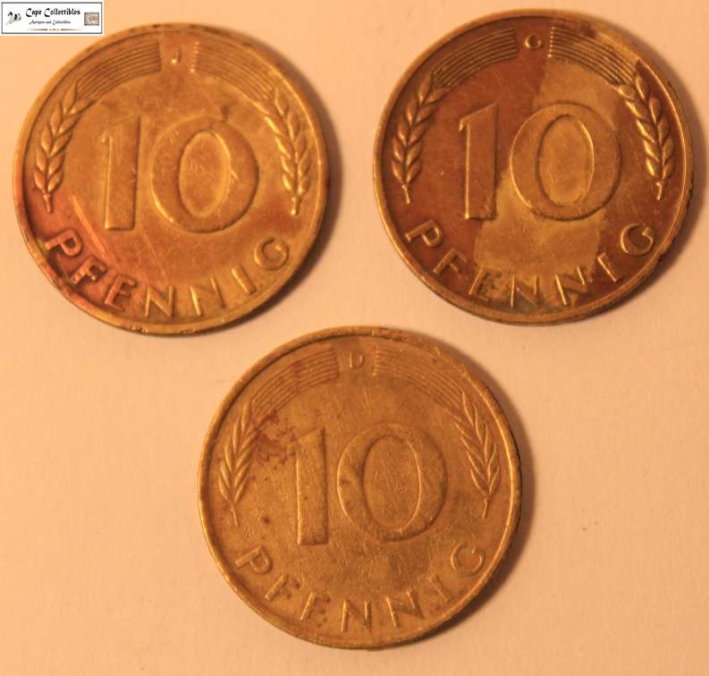 3 x Germany 10 Pfennig 1949, 1950 & 1971 Coins Circulated