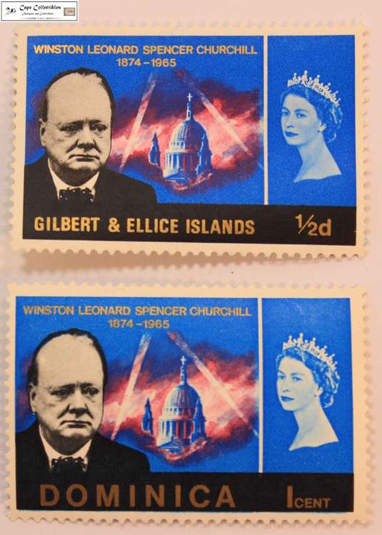 2x 1966 Stamps 1 Cent Dominica & 1/2 Penny Gilbert & Ellice Islands Churchill (Scott 189/106)