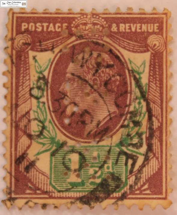 Great Britain 1 1/2 Pence Edward VII BAW Perfin Stamp (Scott 129)