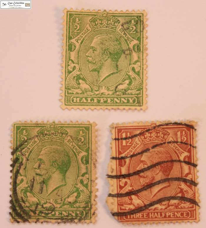 Great Britain 2 x 1/2 Penny, 1 1/2 Pence 1924 George V  (Three) Stamps (Scott 187 & 189)