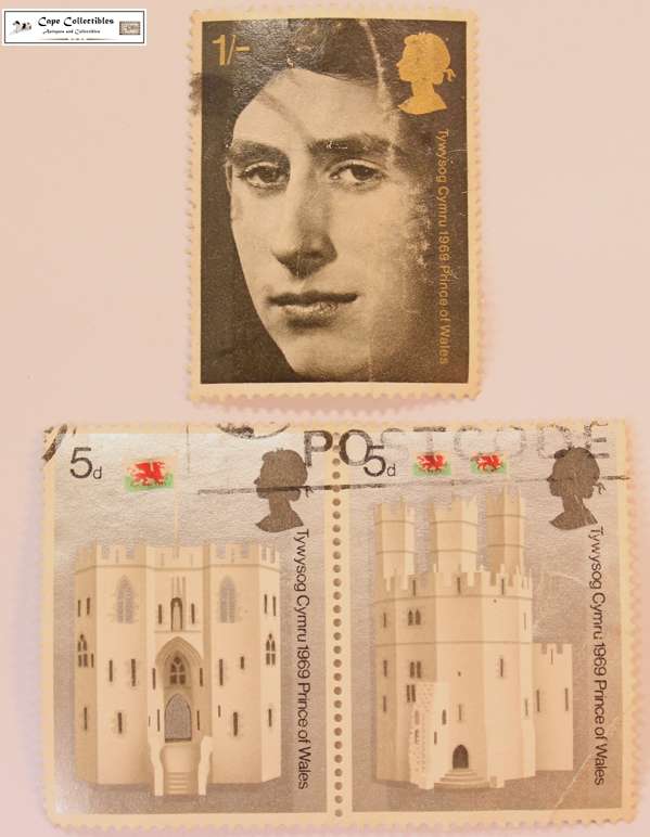 Great Britain Pair 5 Pence & 1 Shilling 1969 Prince of Wales Series Stamps (Scott 595-596-599)
