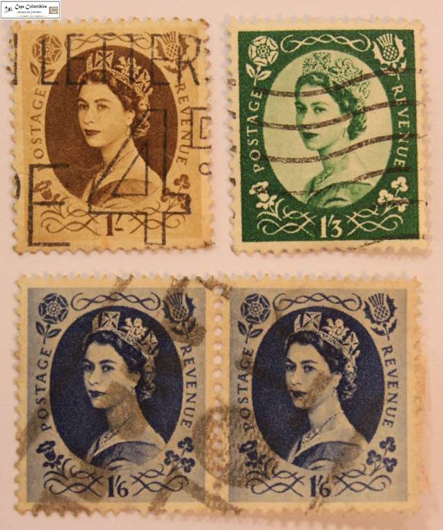 Great Britain 1, 1/3 and 1/6 Shilling 1955 Queen Elizabeth (Four) Stamp (Scott 331/332/333)