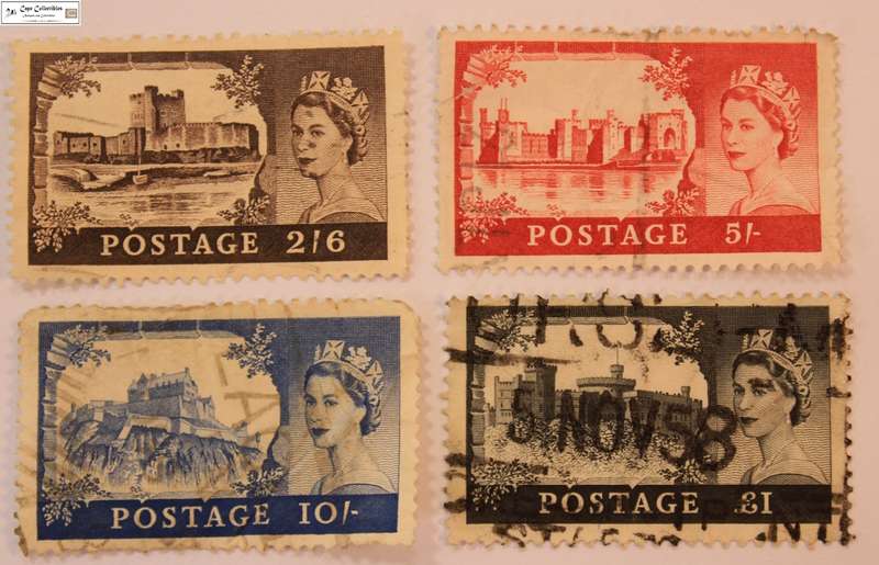 Great Britain 2/6, 5/- 10/- Shilling & 1 Pound 1955 Castle Series (Four) Stamps (Scott309/10/11/12)