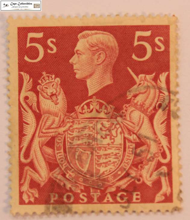 Great Britain 5 Shillings 1939 King George VI and Royal Arms Stamp (Scott 250)