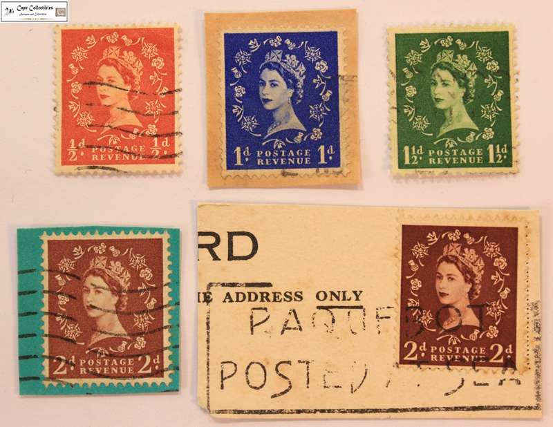 Great Britain 1/2, 1, 1 1/2 & 2 Pence 1955 Queen Elizabeth II (5x) Stamps (Scott 317/318/319/320)
