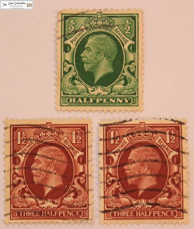 Great Britain 1/2 Penny & 2x 1 1/2 Pence 1934 George V  (Three) Stamps (Scott 210/212)