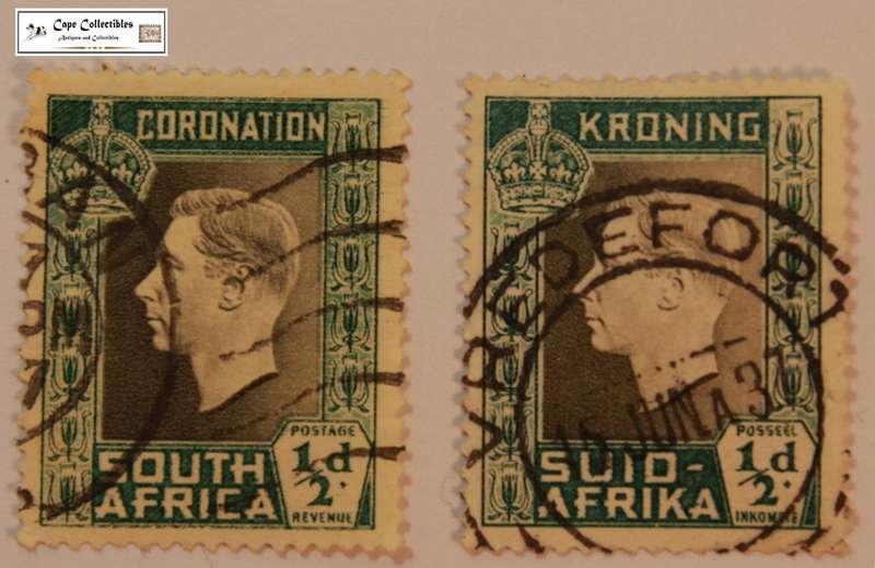 South Africa 2 x  1/2 Penny 1937 George VI Coronation Stamp (Scott 74)