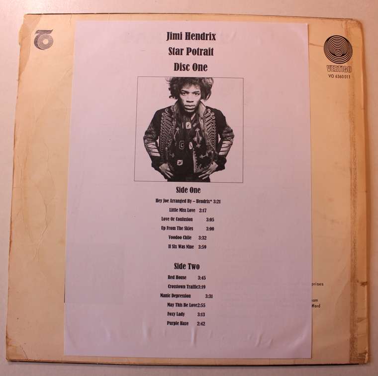 Jimi Hendrix Star Portrait Vinyl LP - Record 1 Only -(No original cover)