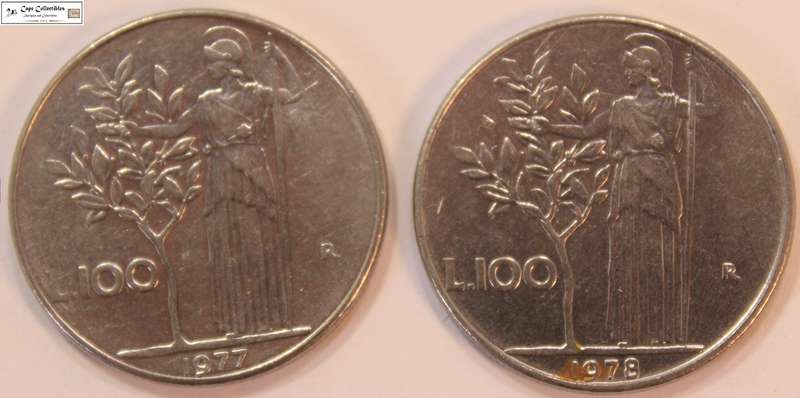 Italy 100 Lire 1977 & 1978 Coins (Two Coins) Circulated