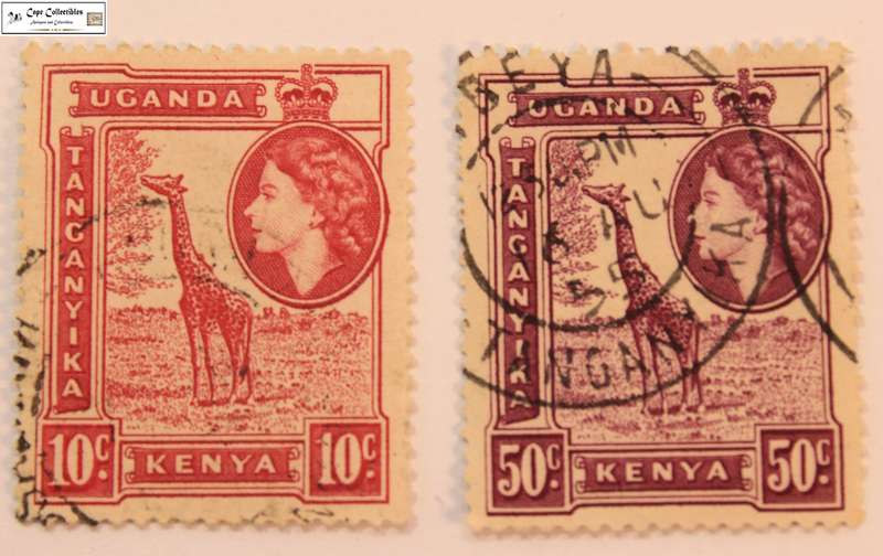 Kenya, Uganda & Tanganyika 10 Cent & 50 Cent 1954-1959 Giraffe Stamp (Scott 104/110 )