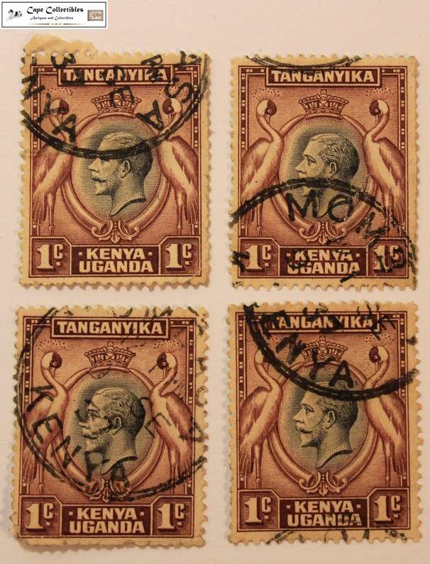 4 x Kenya, Uganda and Tanganyika 1 Cent 1935 Kavirondo Cranes Stamps (Scott 46)