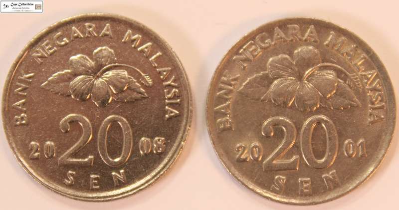 Malaysia 2001 & 2008 20 Sen Coin (Two Coins) Circulated