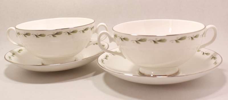 Mayfair Pair of Bone China Handled Soup Bowl and Saucer, Platinum Trim Edging
