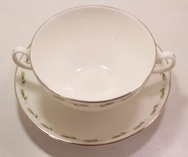 Mayfair Pair of Bone China Handled Soup Bowl and Saucer, Platinum Trim Edging