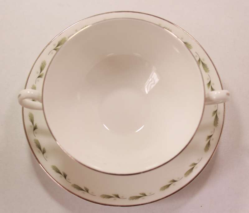 Mayfair Pair of Bone China Handled Soup Bowl and Saucer, Platinum Trim Edging