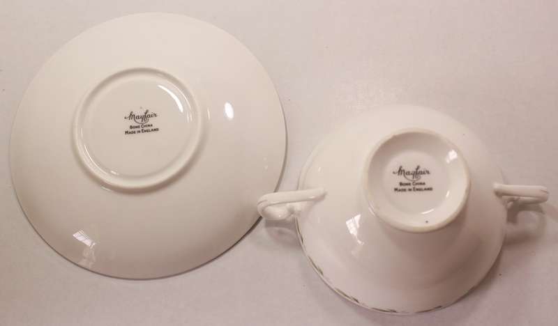 Mayfair Pair of Bone China Handled Soup Bowl and Saucer, Platinum Trim Edging