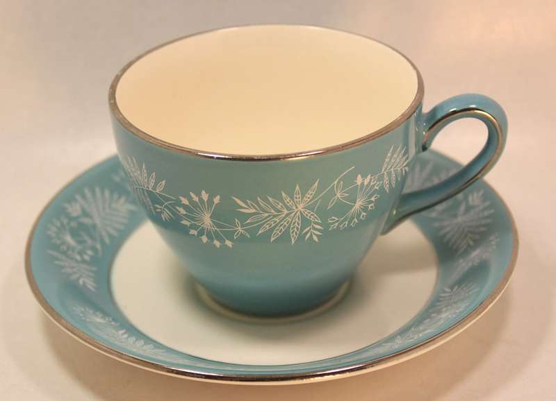Vintage Midwinter Stylecraft Classic Shape Porcelain Tea Cup & Saucer 1959 Turquoise & Silver Trim