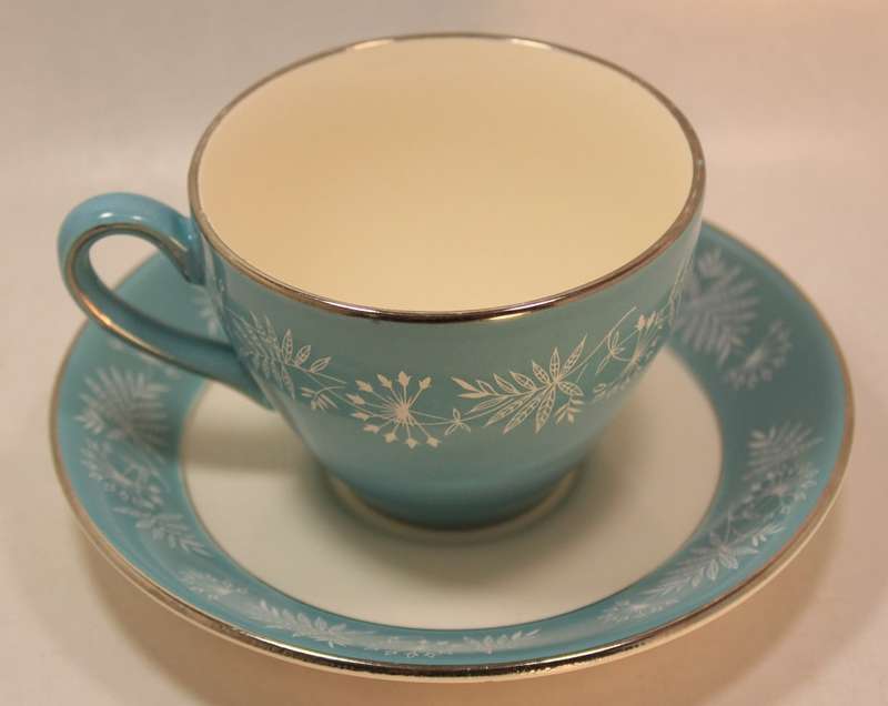 Vintage Midwinter Stylecraft Classic Shape Porcelain Tea Cup & Saucer 1959 Turquoise & Silver Trim
