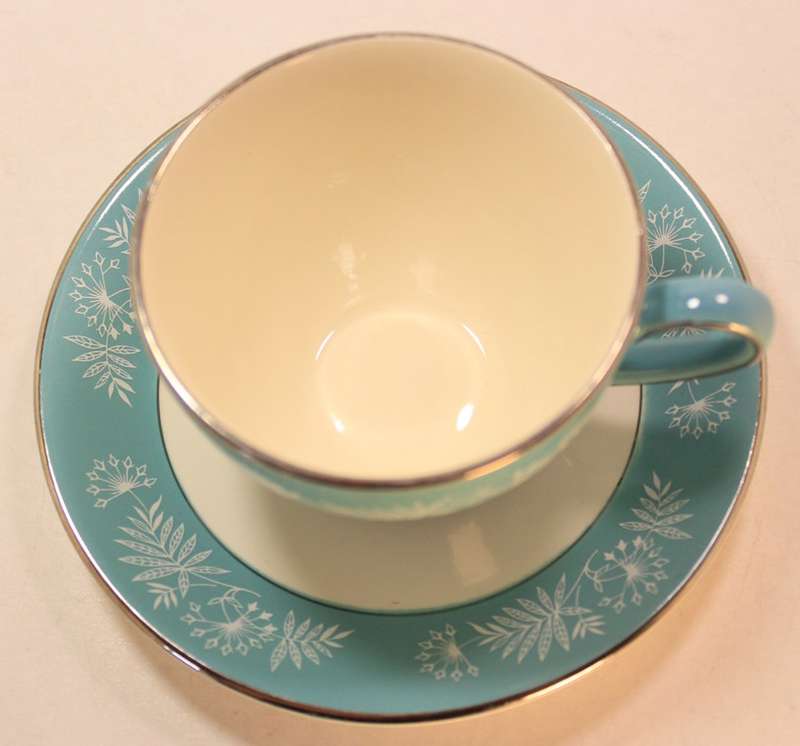 Vintage Midwinter Stylecraft Classic Shape Porcelain Tea Cup & Saucer 1959 Turquoise & Silver Trim
