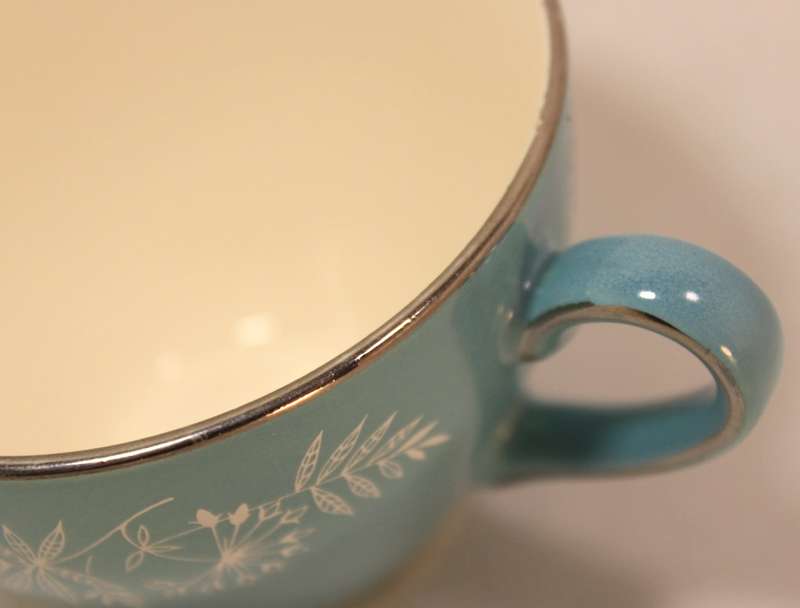 Vintage Midwinter Stylecraft Classic Shape Porcelain Tea Cup & Saucer 1959 Turquoise & Silver Trim