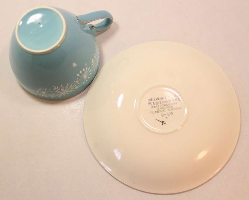 Vintage Midwinter Stylecraft Classic Shape Porcelain Tea Cup & Saucer 1959 Turquoise & Silver Trim