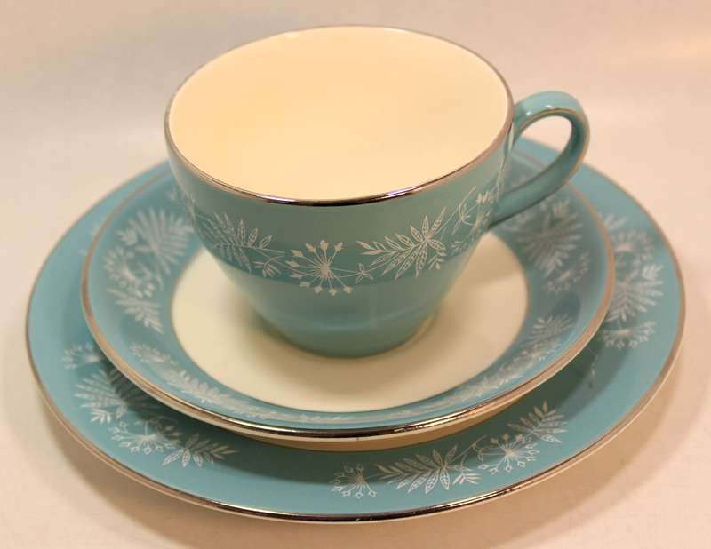 Vintage Midwinter Stylecraft Classic Shape Porcelain Trio from 1959 Turquoise & Silver Trim