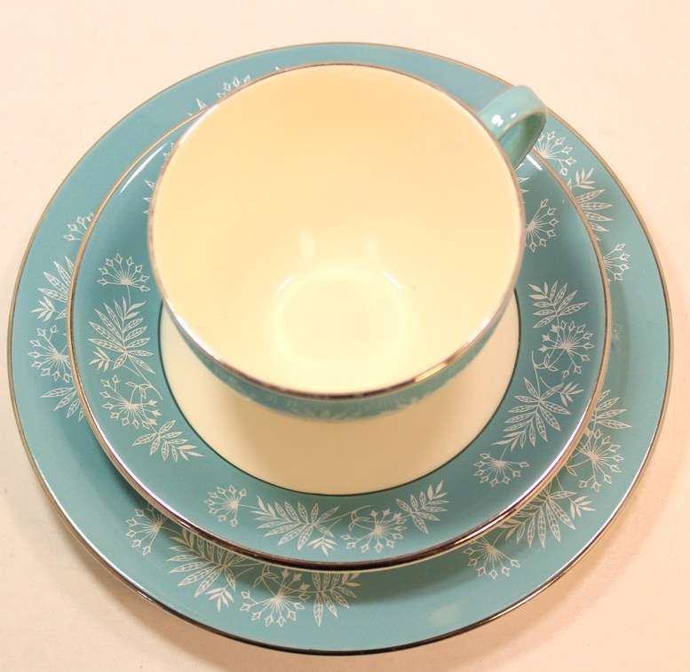 Vintage Midwinter Stylecraft Classic Shape Porcelain Trio from 1959 Turquoise & Silver Trim