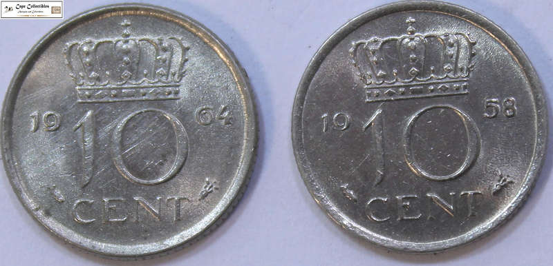 Netherlands 1958 & 1964 10 Cent (Two Coins) Circulated