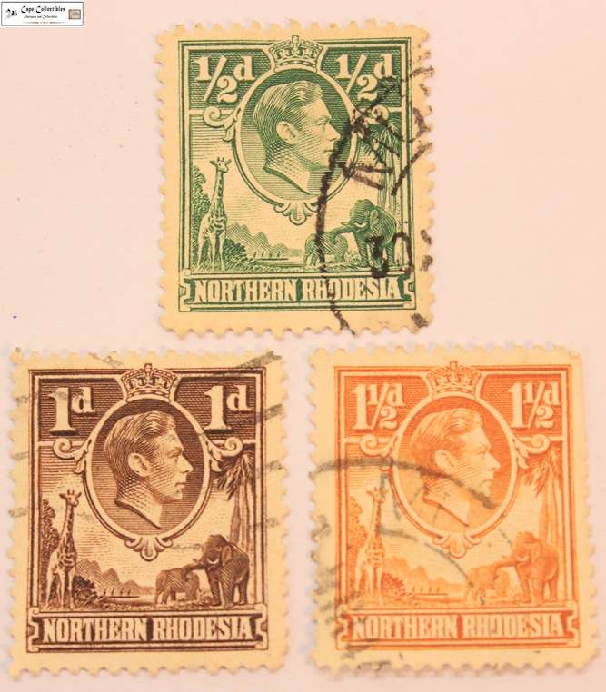 Northern Rhodesia 1/2 Penny, 1 Penny & 1 1/2 Penny 1938-1952 King George VI Stamp  (Scott 25,27,29)