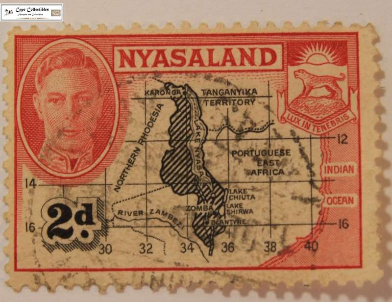Nyasaland 2 Pence 1945 Map and Coat of Arms Stamp (Scott 71)