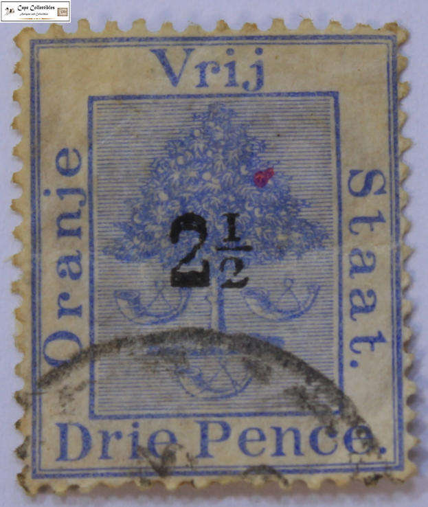 Oranje Vrij Staat 3 Pence with 2 1/2 Overprint "Roman I" 1897 Stamp (Scott 43a)