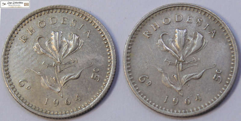 2 x Rhodesia 5 Cent - 6d Sixpence - 1964 (Two Coins) Circulated