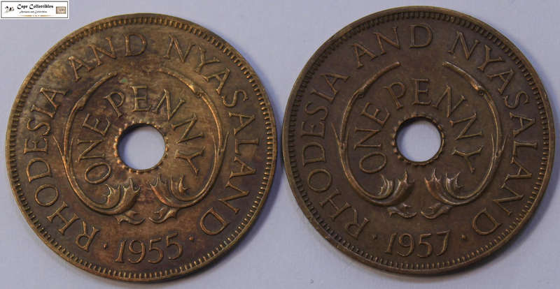 2 x Rhodesia and Nyasaland 1955 & 1957 1 Penny (Two Coins) Circulated