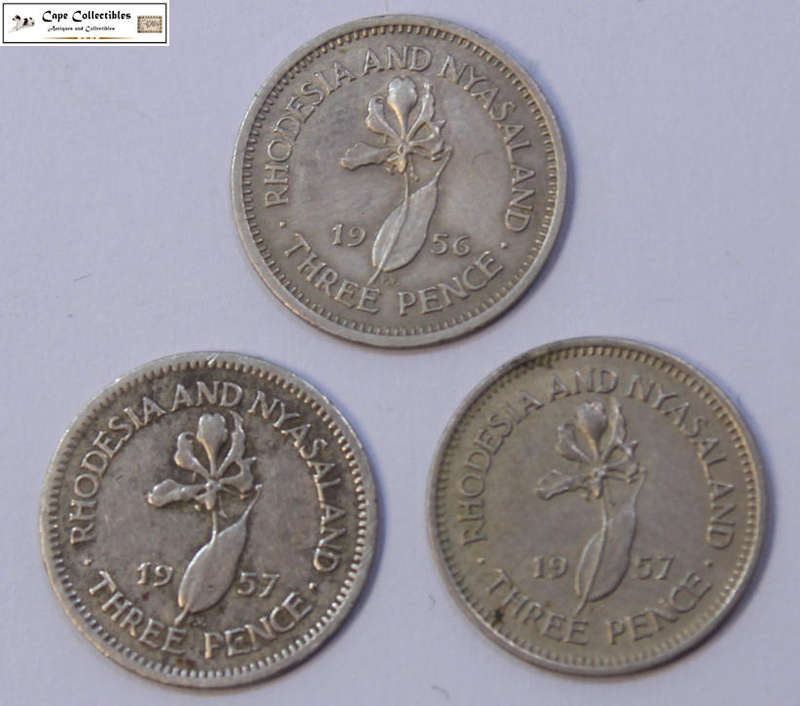 Rhodesia and Nyasaland 1956 and 2 x 1957 3 Pence Coins (Three Coins) Circulated