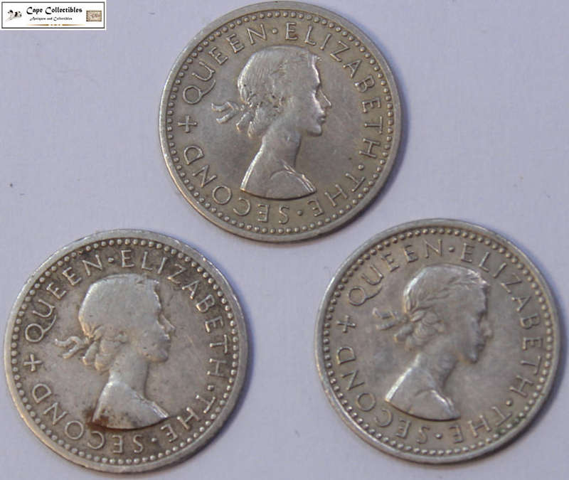 Rhodesia and Nyasaland 1956 and 2 x 1957 3 Pence Coins (Three Coins) Circulated