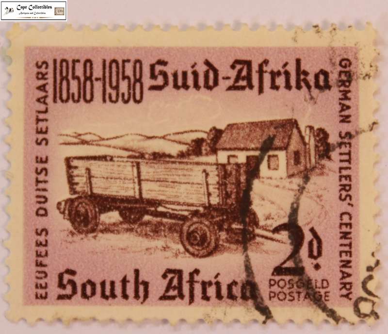 South Africa 2 Pence 1958 German Wagon & House Stamp English Afrikaans (Scott 218)