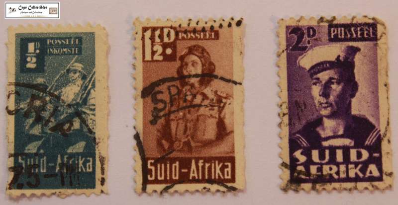 South Africa 1/2D, 1 1/2D, 2D (Penny) 1942, 3 x Stamps Infantry, Air Force & Navy  (Scott 90,92,93)