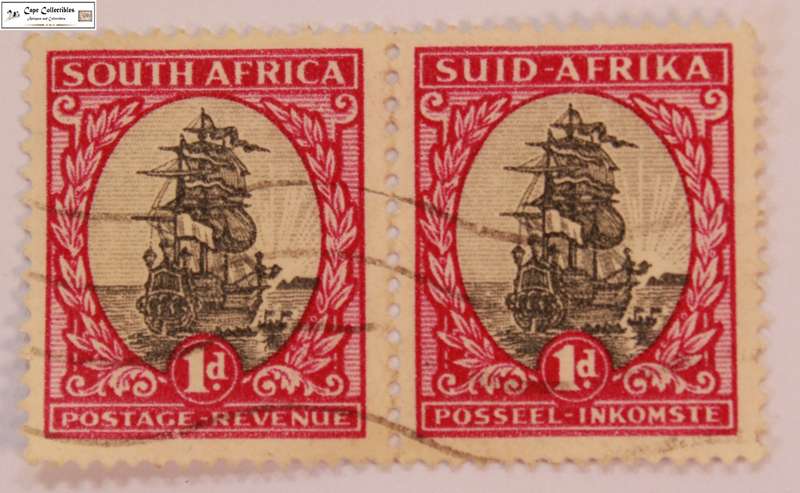 South Africa Pair 1 Penny 1926 Jan van Riebeeck Drommedaris Ship Stamp (Scott 24)