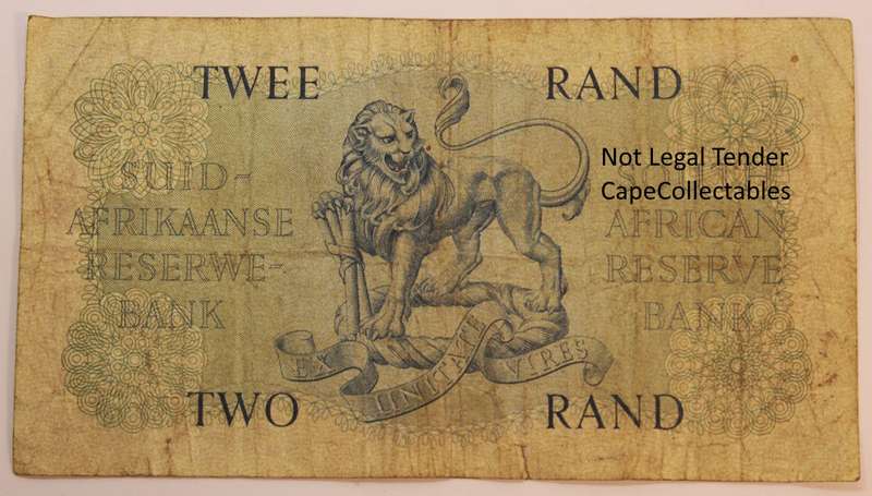 South Africa 2 Rand Bank Note JVR Watermark G Rissik 1962 Fine