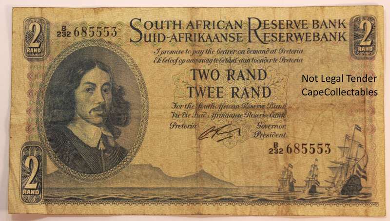 South Africa 2 Rand Bank Note JVR Watermark G Rissik 1962 Fine