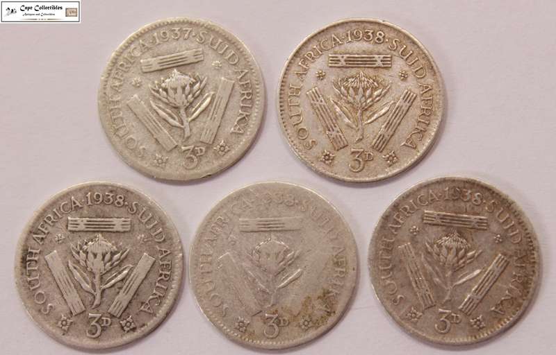 South Africa 3 Pence 1937,1938 x4 Coins (Five Coins) Circulated